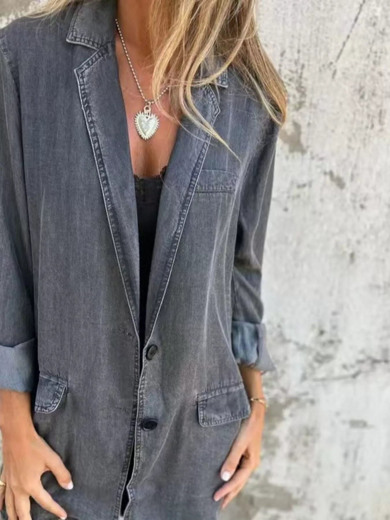 Full Size Button Down Denim Blazer Plus Size Trendsi