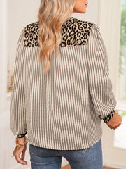 Stripe Leopard Patchwork Long Sleeve Shirt Trendsi