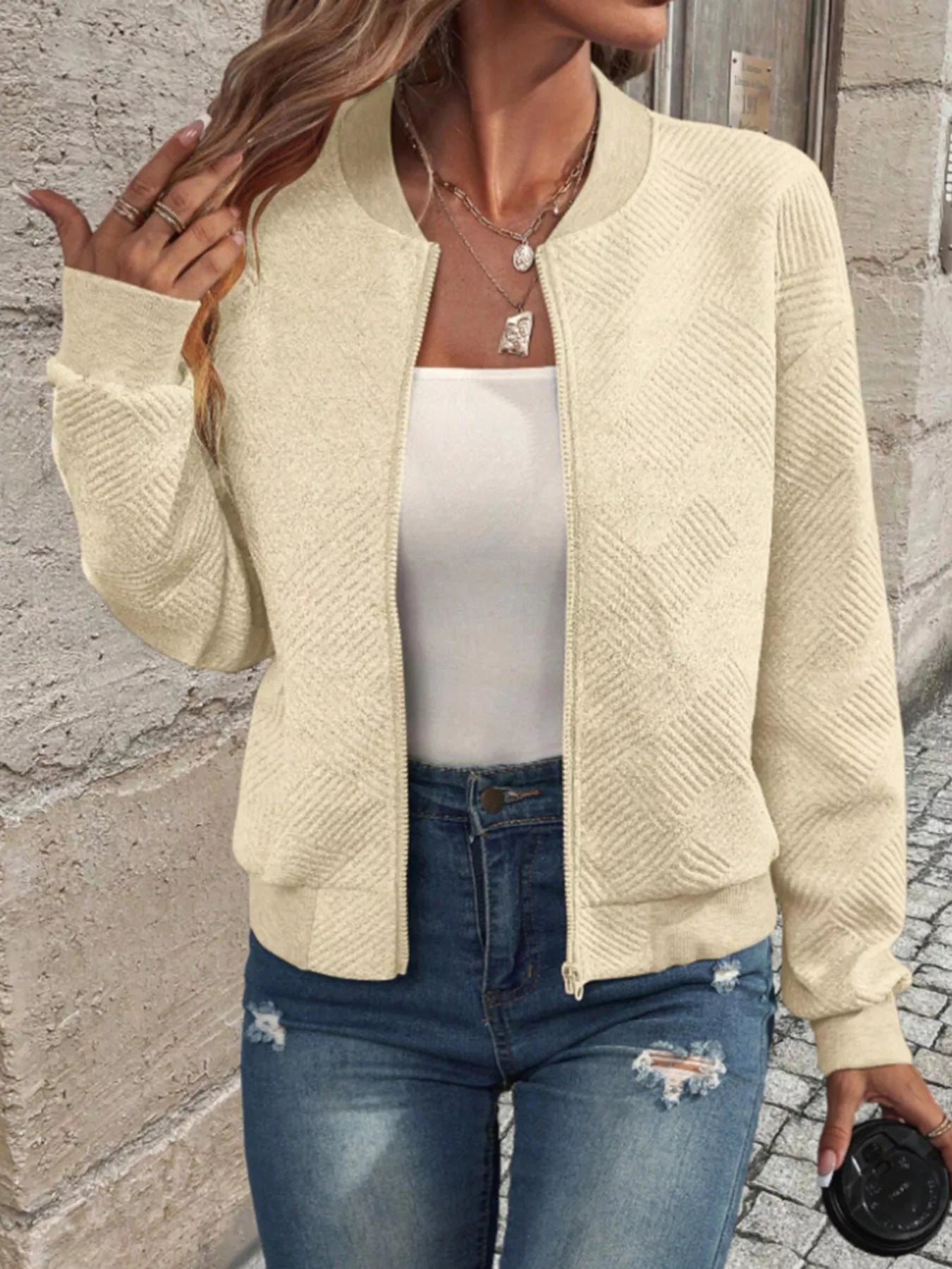 Textured Knit Zip-Up Bomber Jacket OutfitFlow
