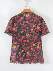 Floral Print Mock Neck Short Sleeve Top OutfitFlow