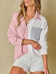 Color Block Oversized Button-Up Shirt with Chest Pocket OutfitFlow