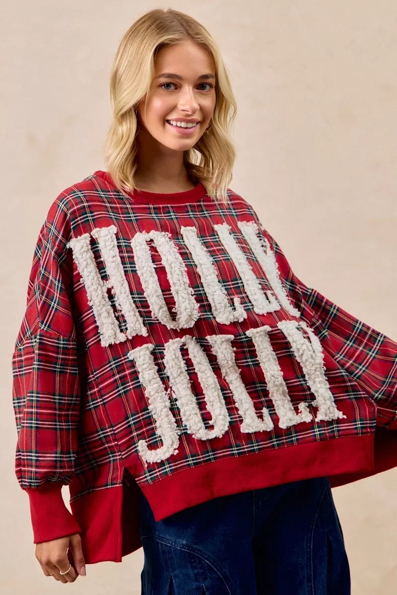 BiBi Holly Jolly Christmas Plaid Oversized Sweatshirt OutfitFlow