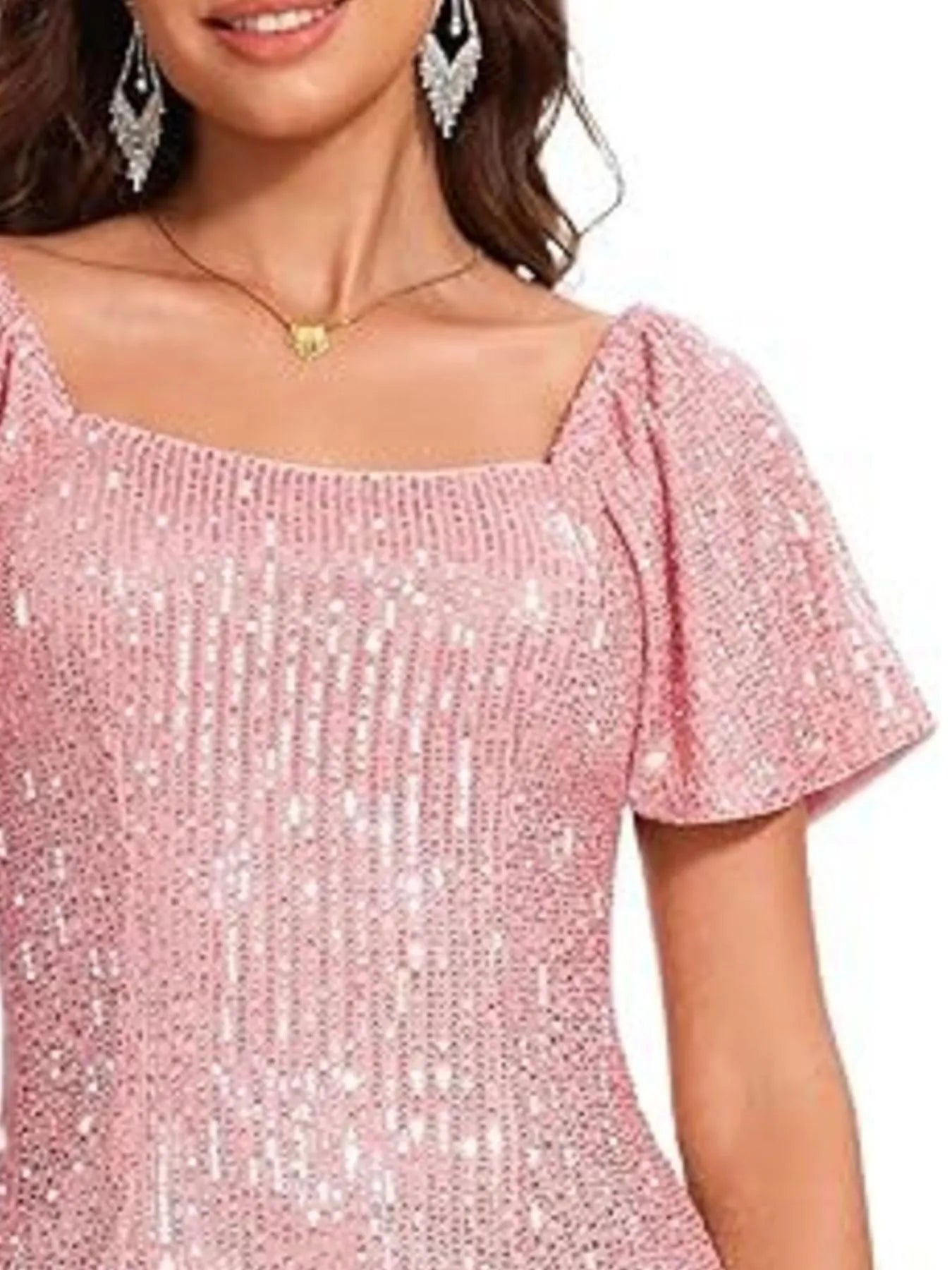 Square Neck Sequin Short Sleeve Blouse OutfitFlow
