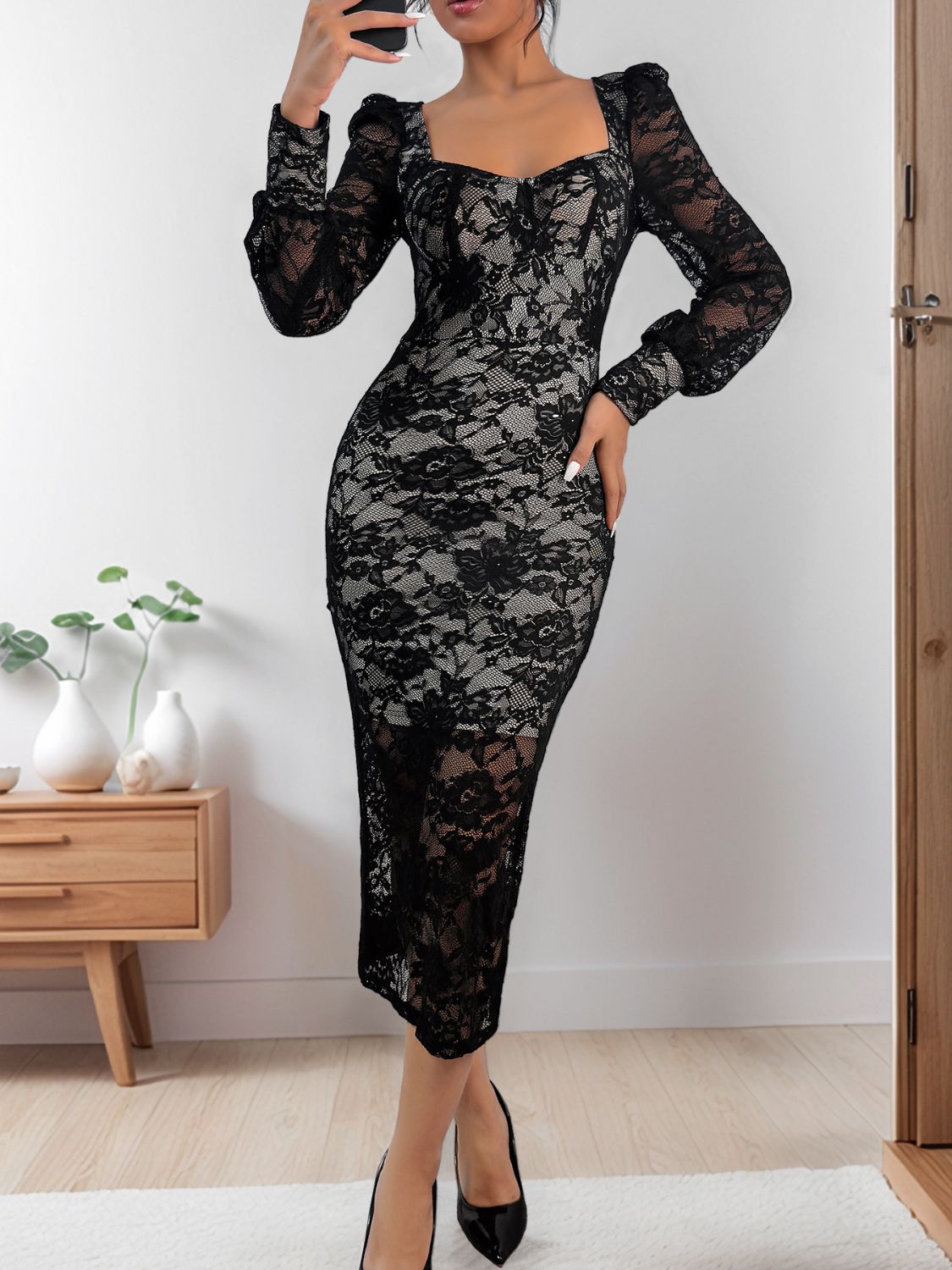 Outfit Flow - Perfee Lace Sweetheart Neck Long Sleeve Midi Dress