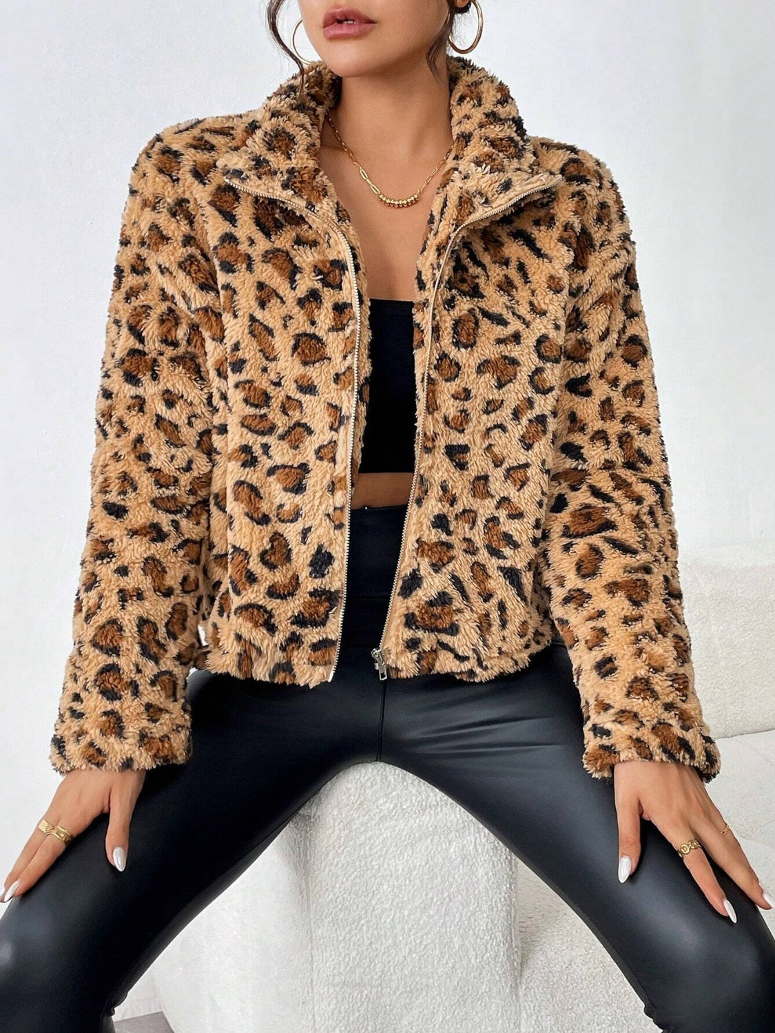 Outfit Flow - Fuzzy Turtleneck Leopard Zip Up Jacket