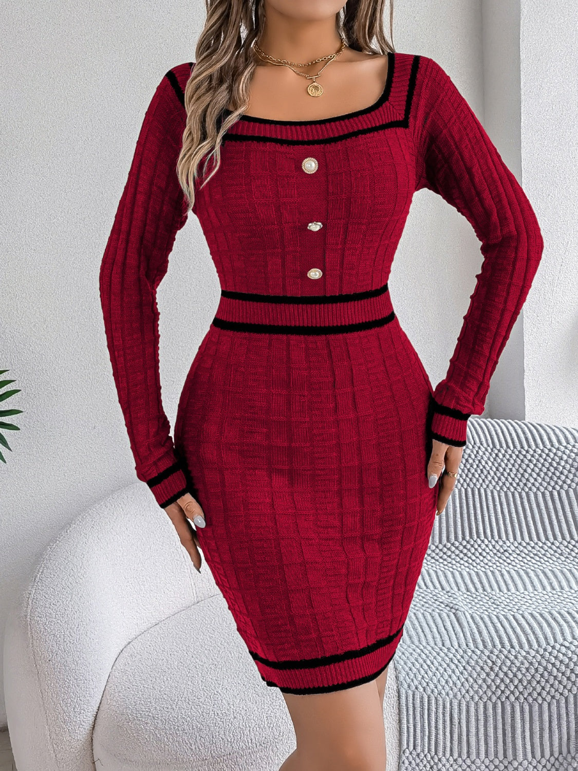 Outfit Flow - Contrast Trim Long Sleeve Sweater Dress