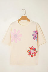 Flower Patched Exposed Stitching Trim Crew Neck Loose Tee OutfitFlow
