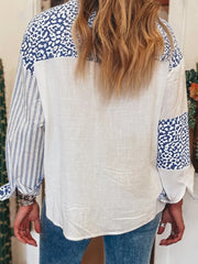 Striped Patchwork Button Down Shirt with Leopard Print Details OutfitFlow