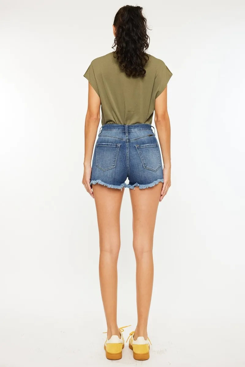 Kancan High Rise Frayed Hem Denim Shorts OutfitFlow