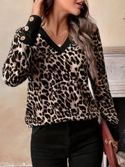 Leopard Print V-Neck Long Sleeve T-Shirt OutfitFlow