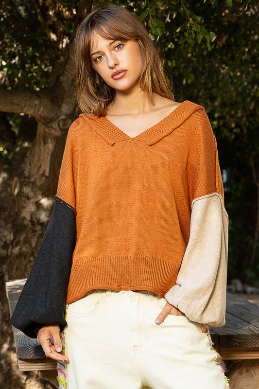 Outfit Flow - POL Exposed Seam Roll Edge Color Block V Neck Sweater