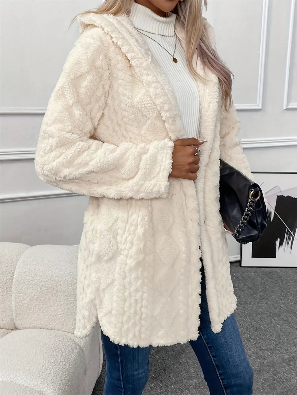Fuzzy Button Down Hooded Coat Trendsi