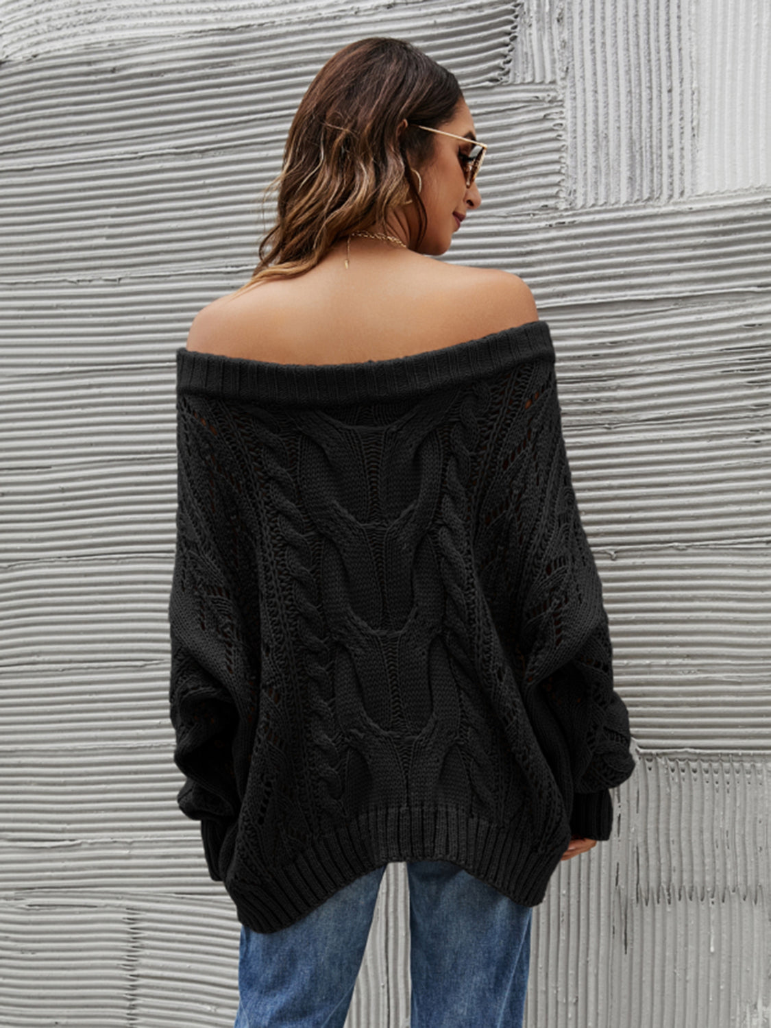 Outfit Flow - Cable Knit Openwork Off-Shoulder Sweater