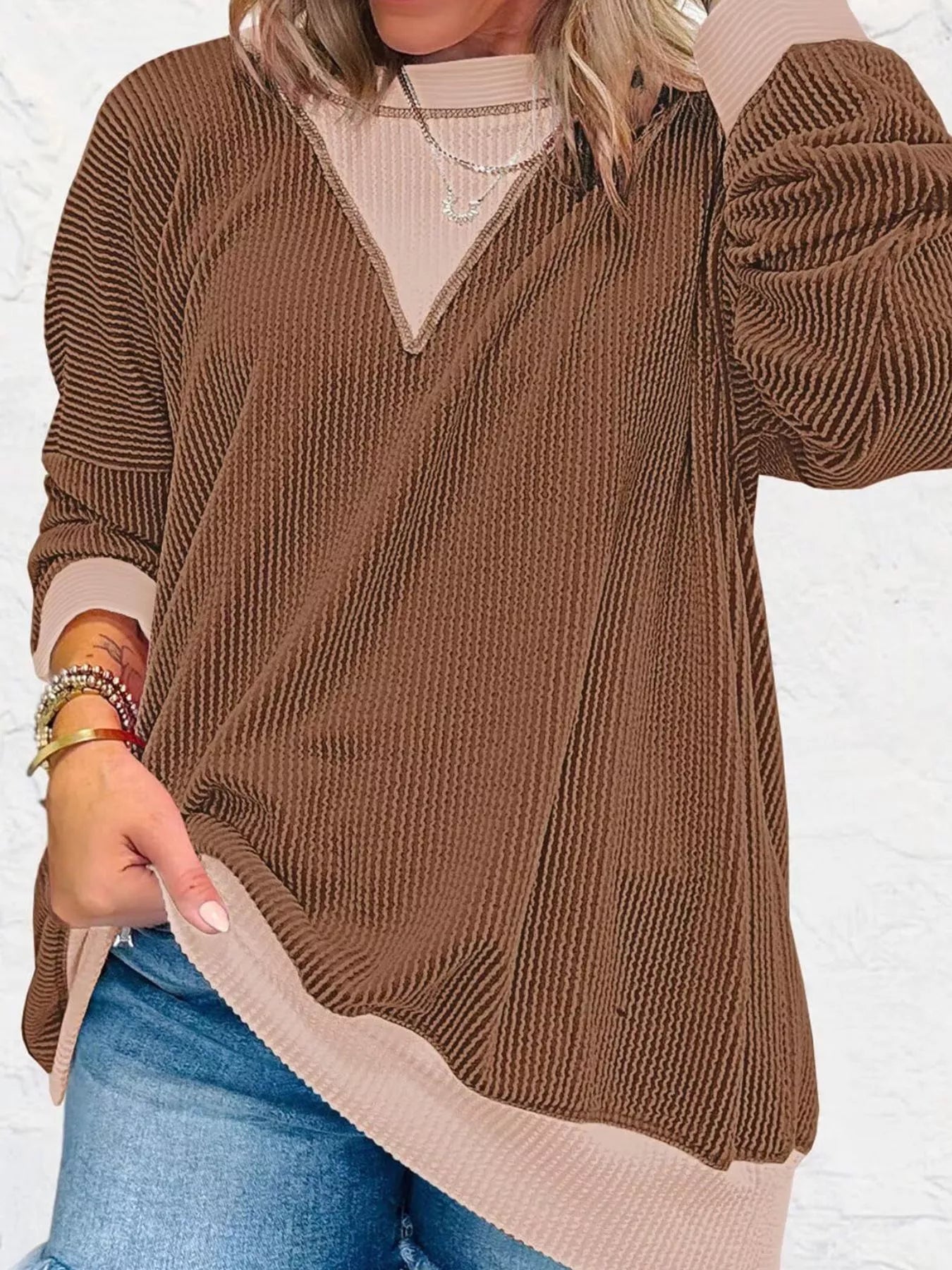 Contrast Dropped Shoulder Sweatshirt Brown OutfitFlow