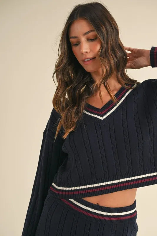 MABLE Cable-Knit Top and Pleated Skirt Sweater Set OutfitFlow