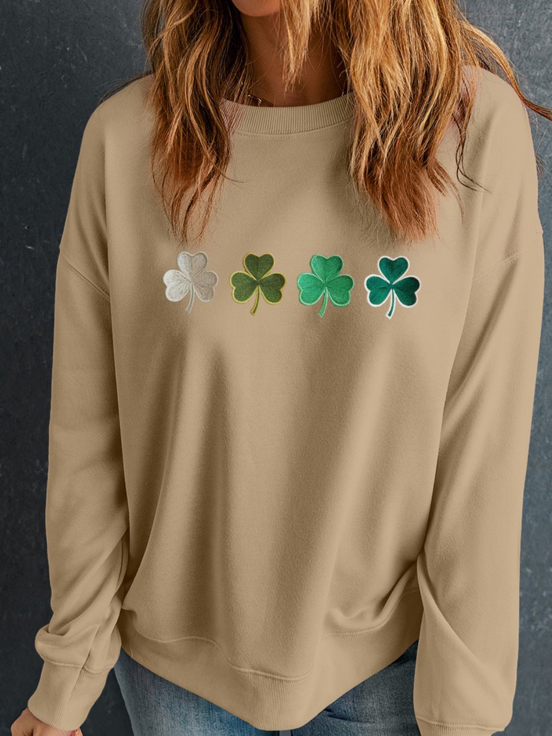 Embroidered Clover Pattern Round Neck Sweatshirt OutfitFlow