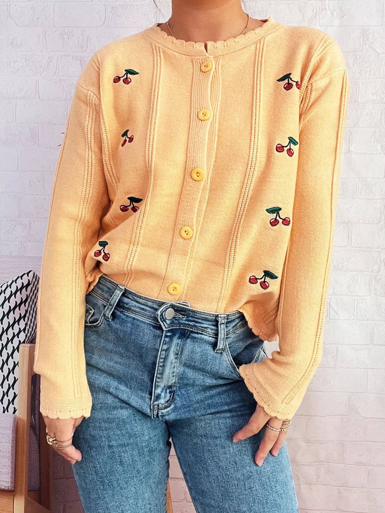 Cherry Embroidered Button Up Cardigan OutfitFlow