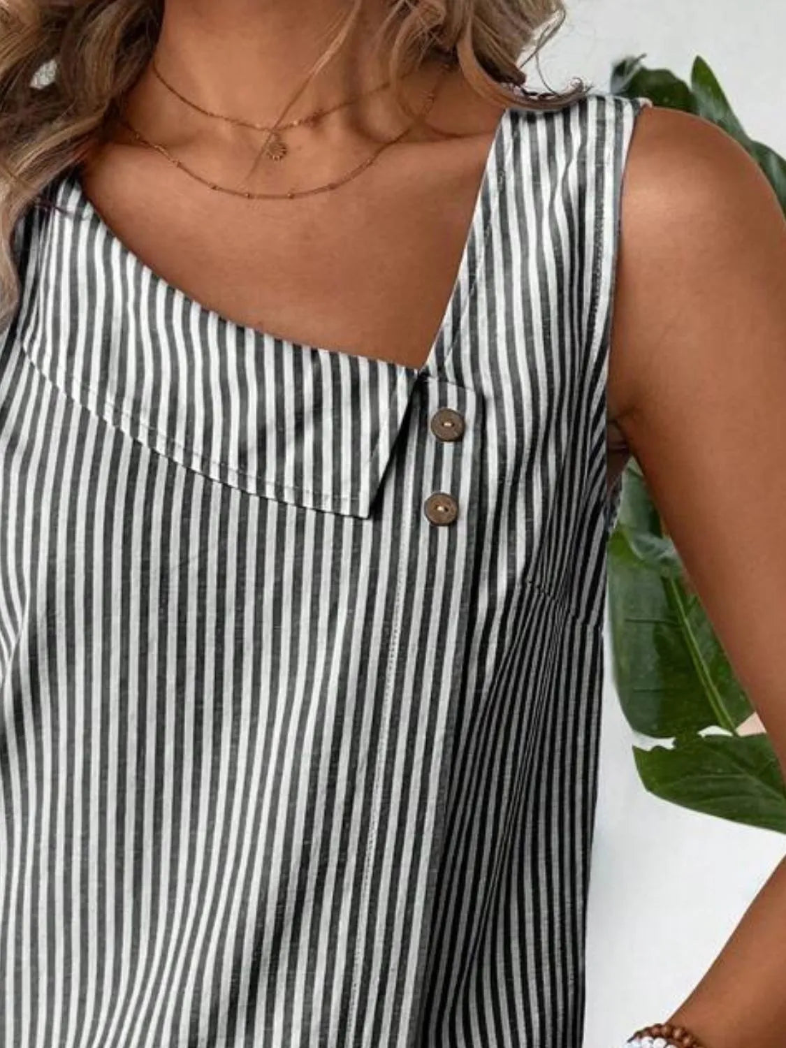 Decorative Button Asymmetrical Striped Tank OutfitFlow
