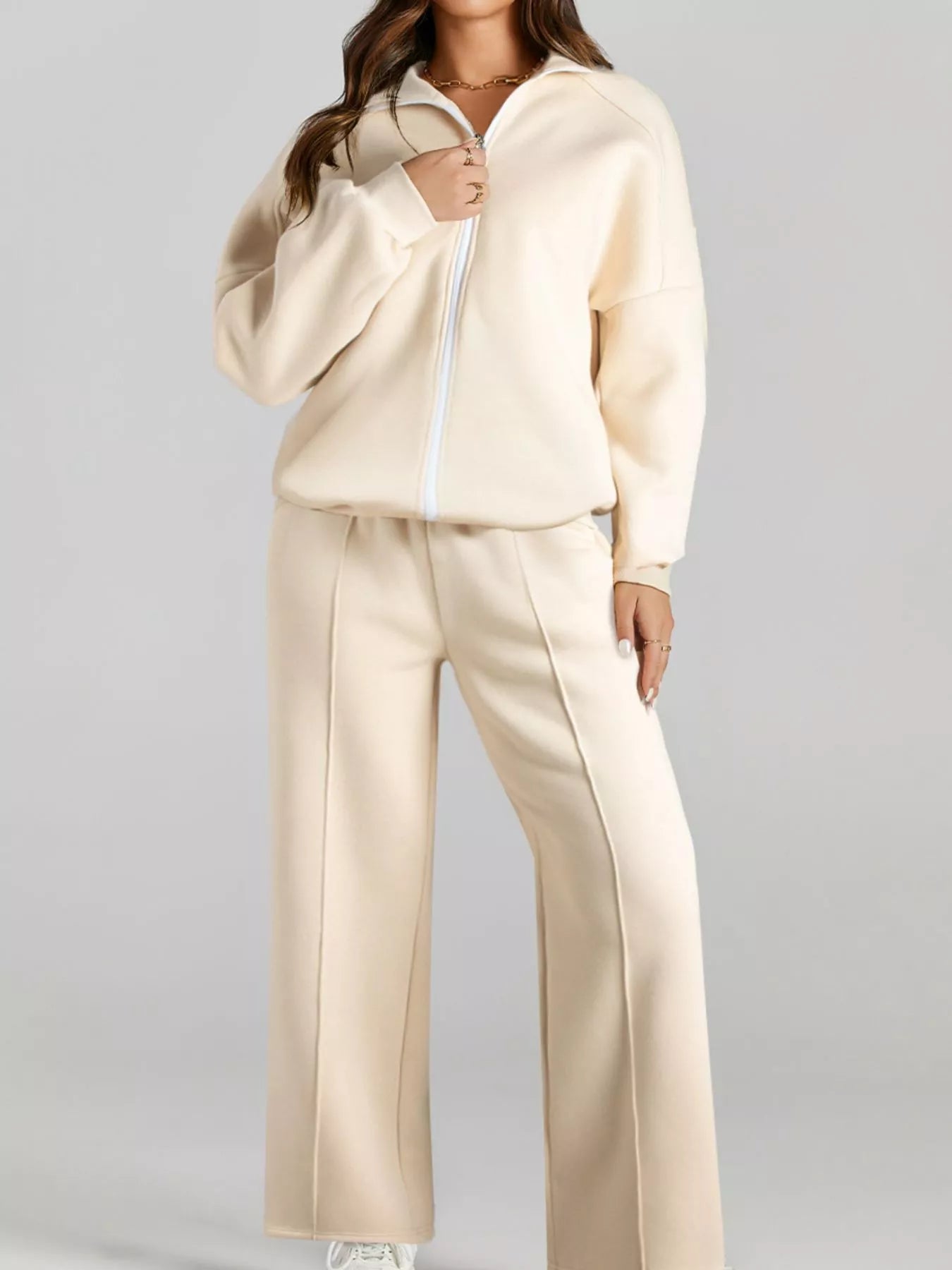 Drop Shoulder Zip Up Jacket and Drawstring Pants Active 2pcs Set OutfitFlow