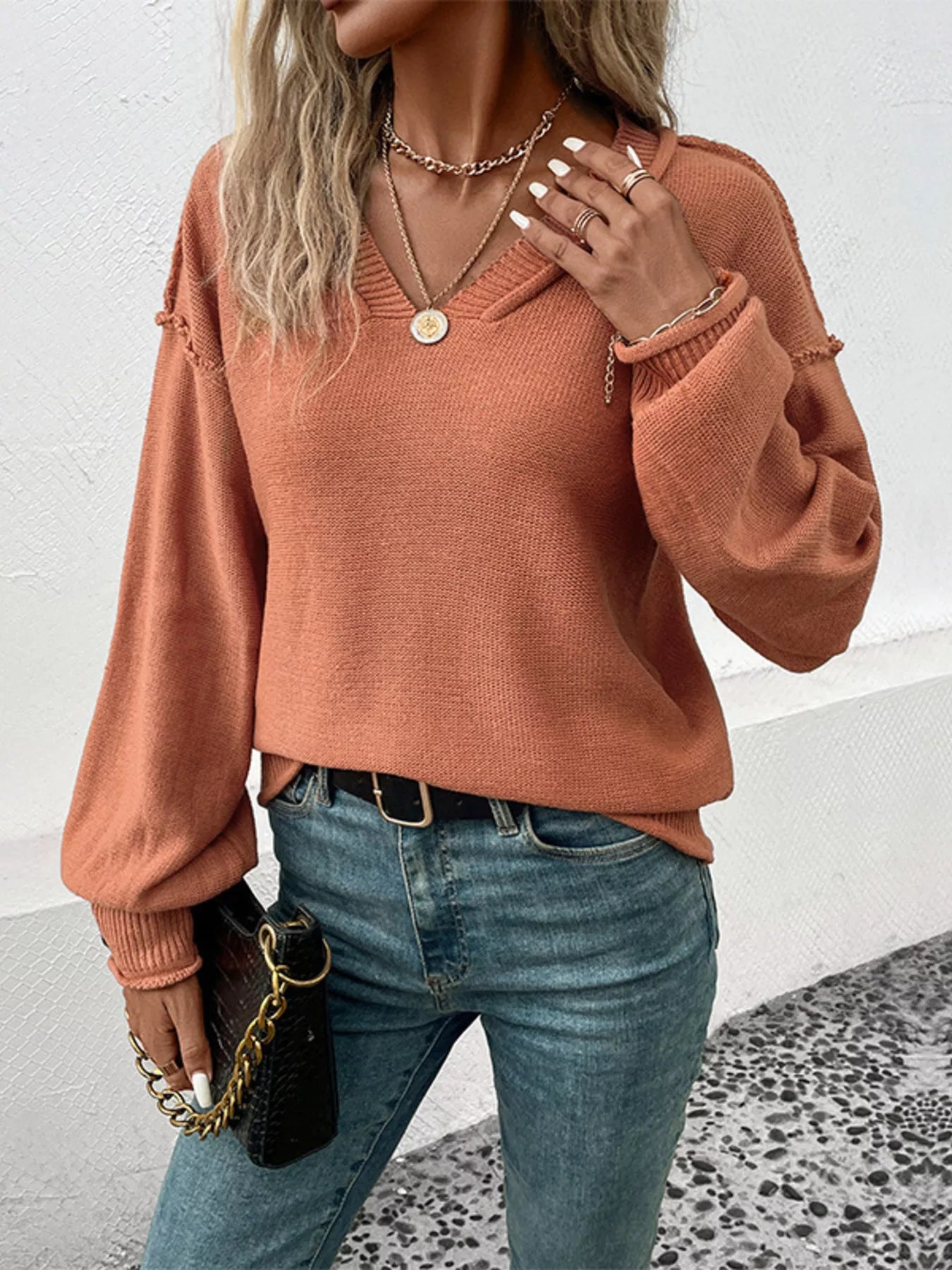 V-Neck Dropped Shoulder Sweater Ochre Trendsi