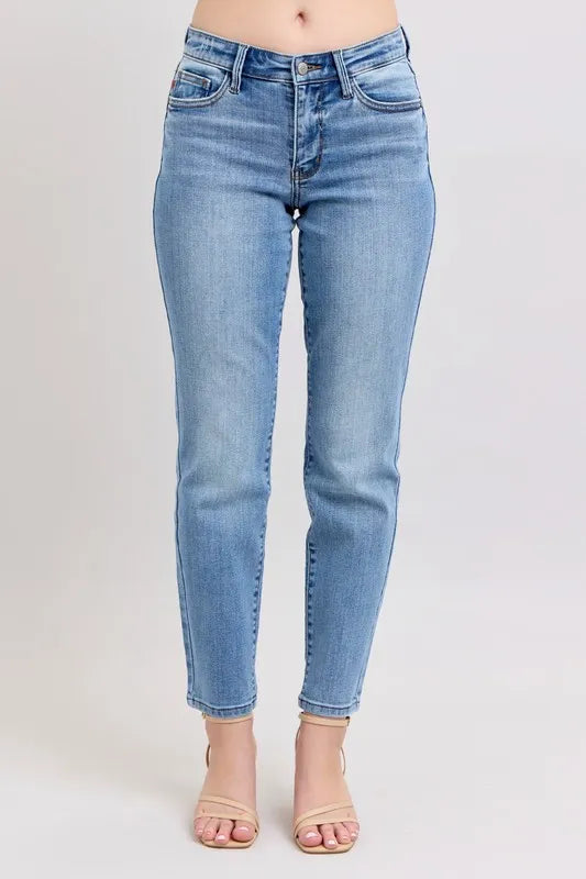 Judy Blue Full Size Mid Rise Vintage Wash Slim Jeans with Cell Phone Pocket Plus Size OutfitFlow