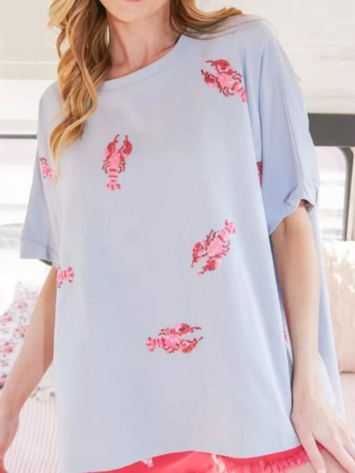 Sequin Lobster Round Neck T-Shirt OutfitFlow