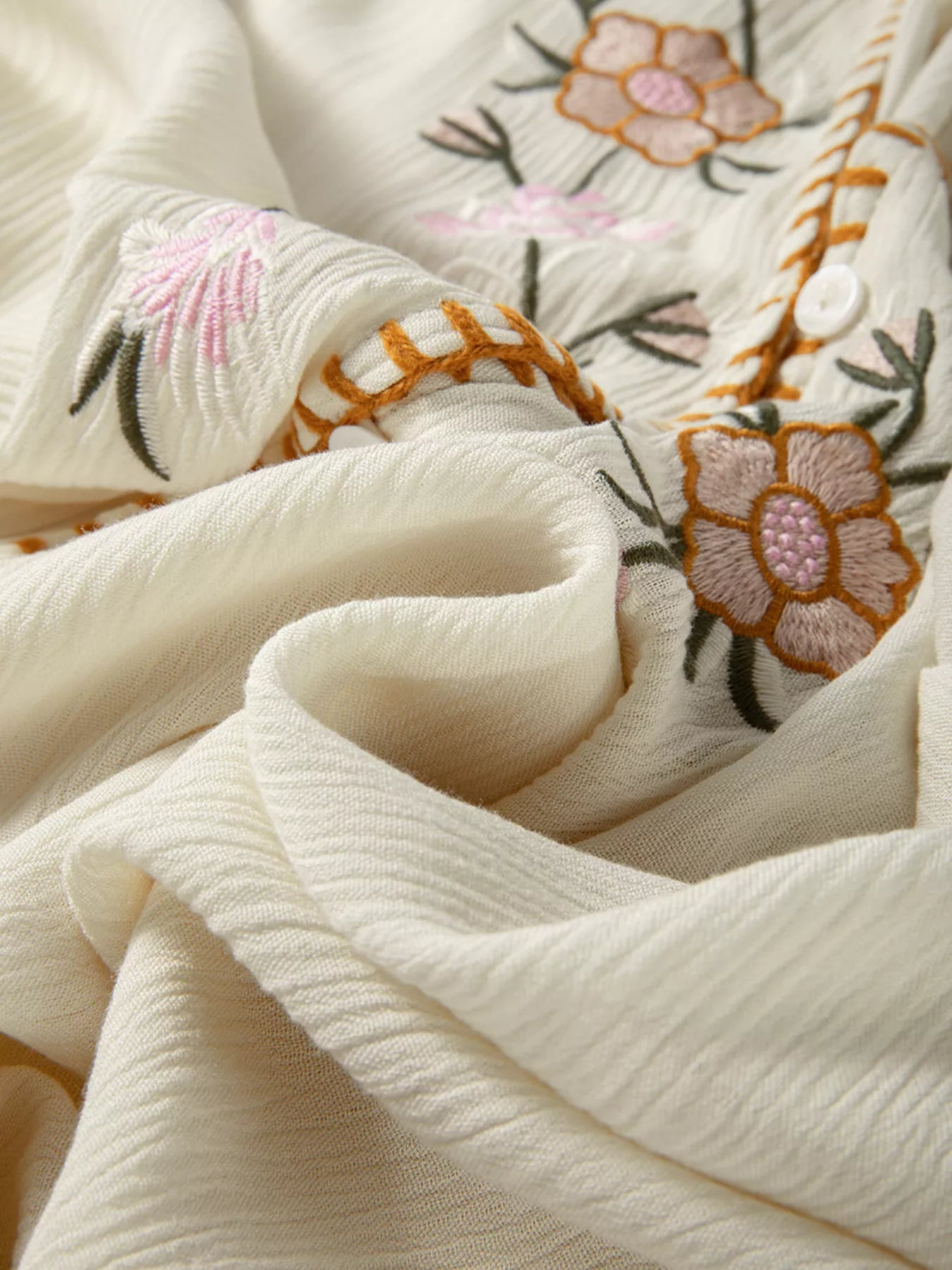 Floral Embroidered Textured Puff Sleeve Loose Shirt OutfitFlow