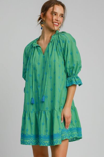 Umgee Full Size Tassel Embroidered Flounce Sleeve Mini Dress Plus Size Green OutfitFlow