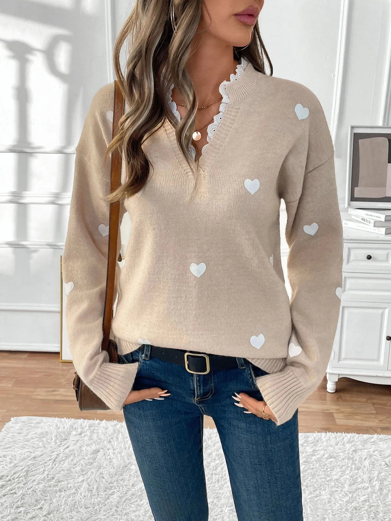 Heart V-Neck Long Sleeve Sweater OutfitFlow