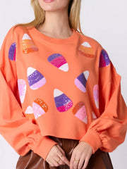 Halloween Candy Sequin Long-Sleeve Sweatshirt Orange OutfitFlow