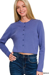 Zenana Button-Front Crewneck Long Sleeve Cropped Cardigan OutfitFlow