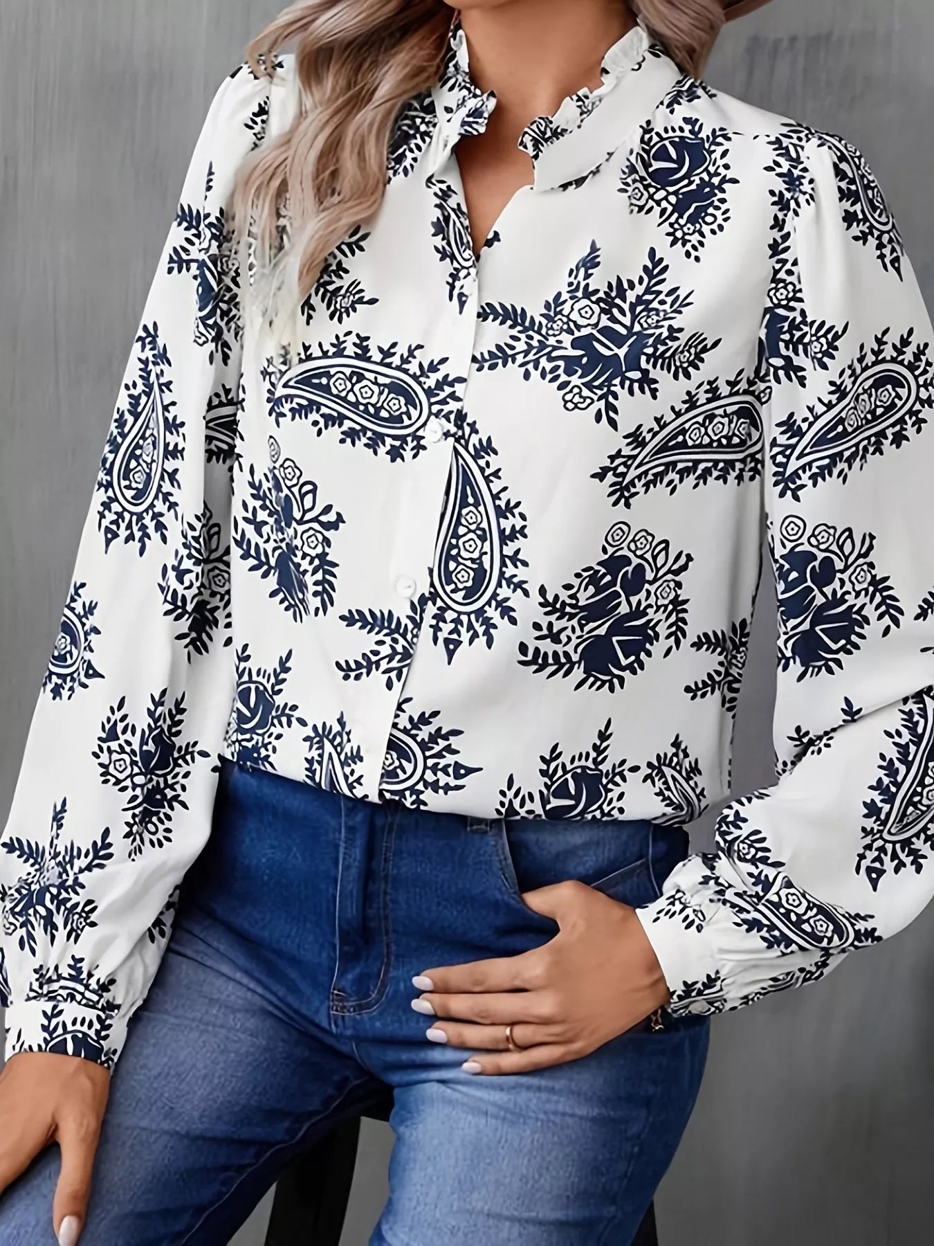 Paisley Print Button Up Shirt Gray white OutfitFlow