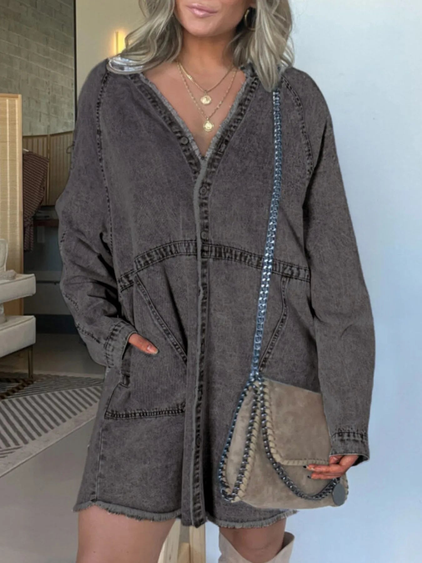 Full Size Button-Front Long Sleeve Denim Shirt Dress Plus Size Washed Black OutfitFlow