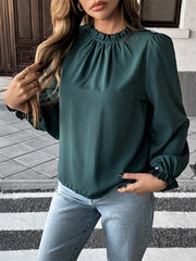 Ruched Round Neck Long Sleeve Blouse Dark Green OutfitFlow