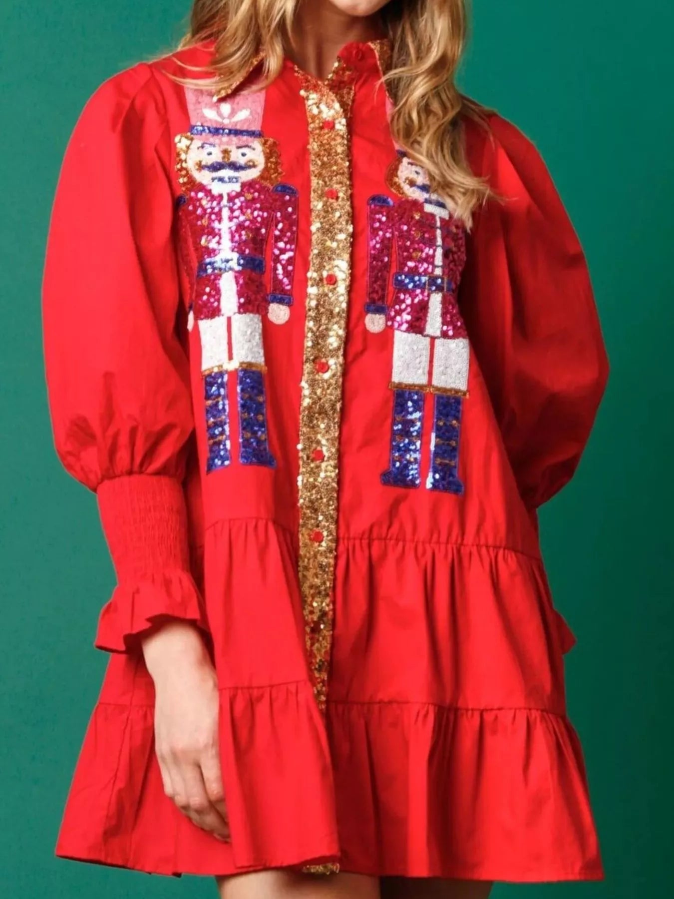 Full Size Christmas Sequin Nutcracker Tiered Shirt Dress Plus Size OutfitFlow