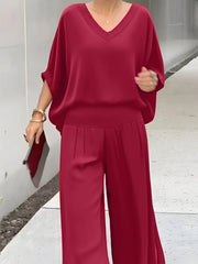 V-Neck Top and Wide Leg Pants Two-Piece Set OutfitFlow