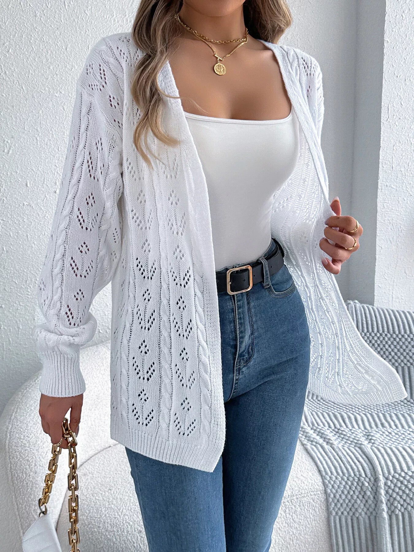 Openwork Open Front Long Sleeve Cardigan OutfitFlow