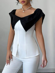 Slit Contrast Cap Sleeve Blouse OutfitFlow