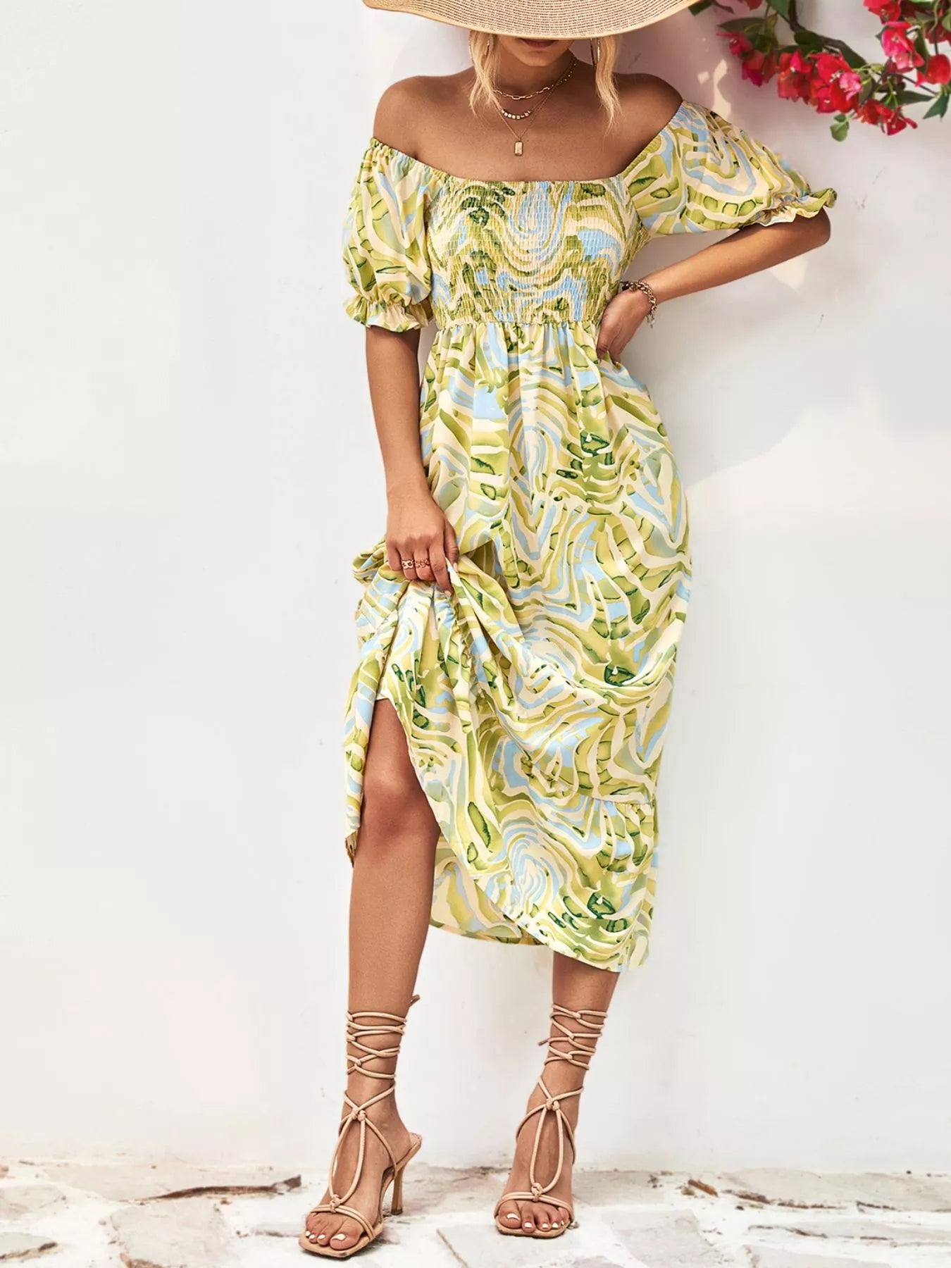 Smocked Printed Puff Sleeve Midi Dress OutfitFlow