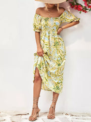 Smocked Printed Puff Sleeve Midi Dress OutfitFlow