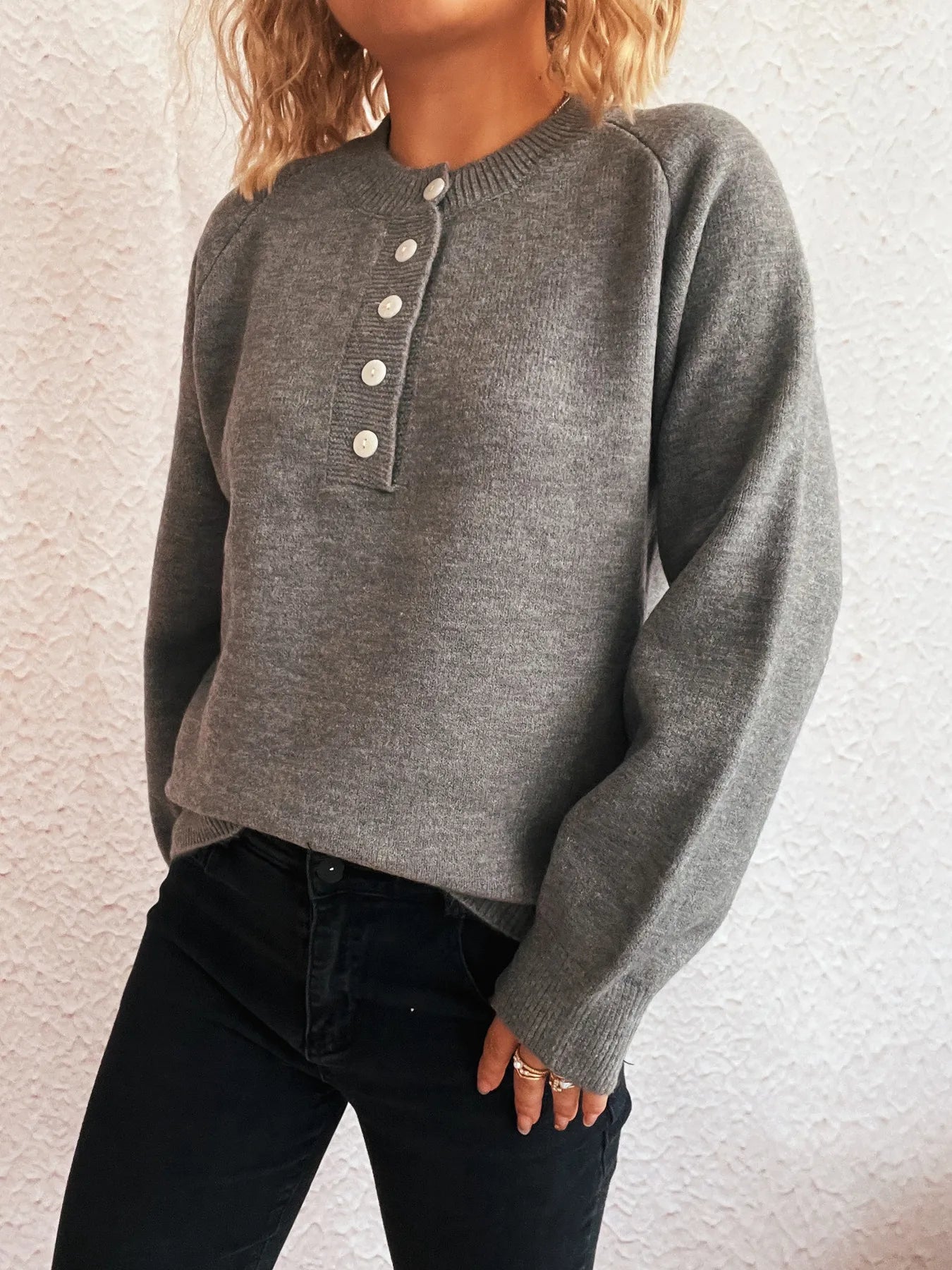 Button-Front Long Sleeve Sweater OutfitFlow