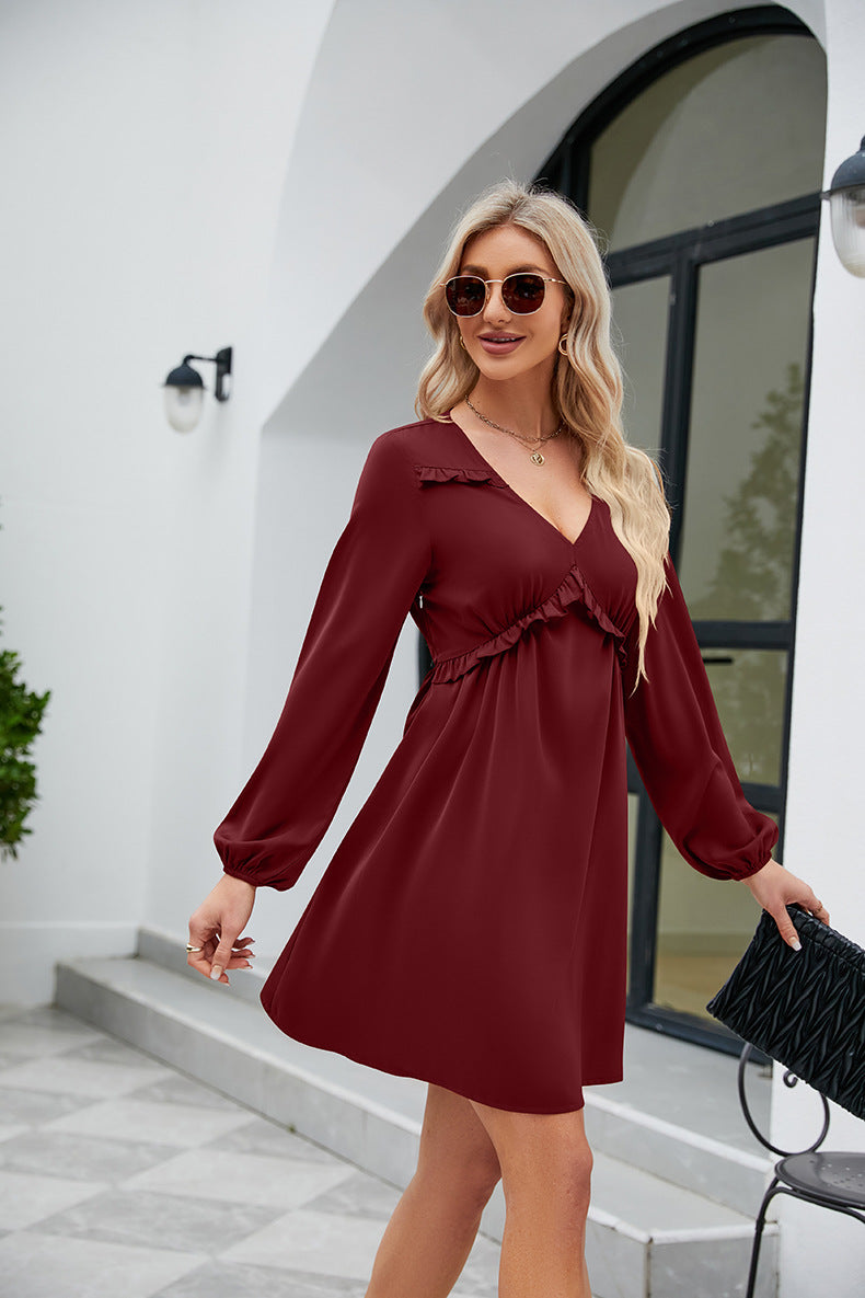 Frill Trim V-Neck Long Sleeve Dress OutfitFlow