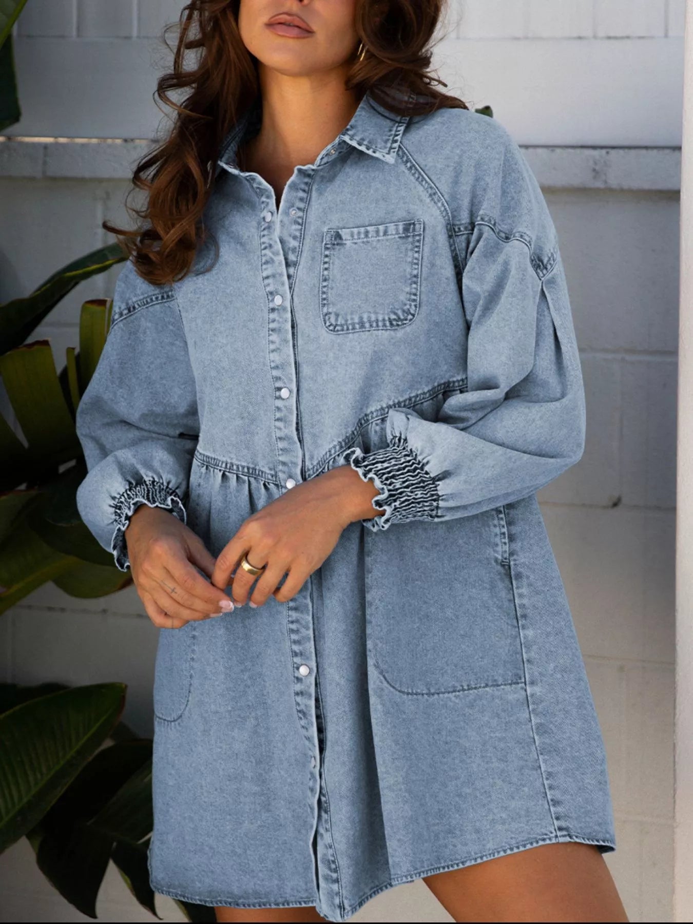 Smocked Cuffs Flared Denim Shirt Mini Dress Medium Trendsi