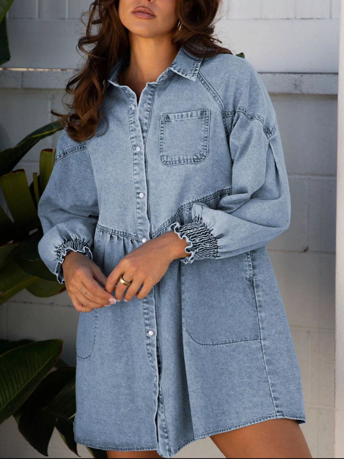 Smocked Cuffs Flared Denim Shirt Mini Dress Medium Trendsi