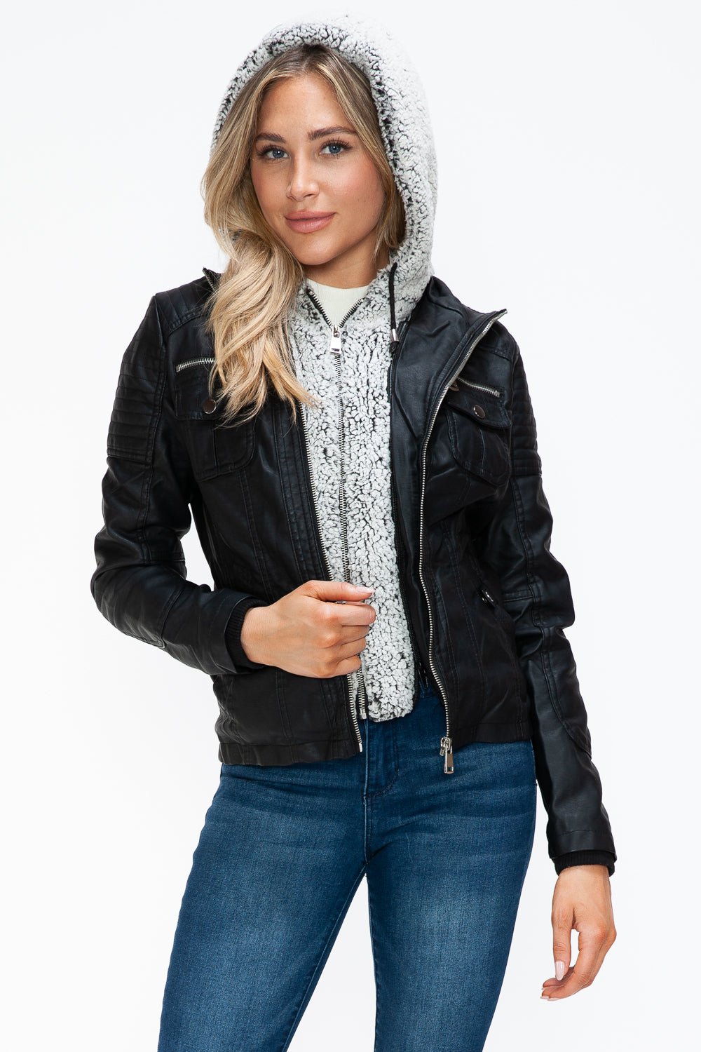 Outfit Flow - YMI Removable Faux Layered Multi-Pocket Jacket with Fuzzy Hood