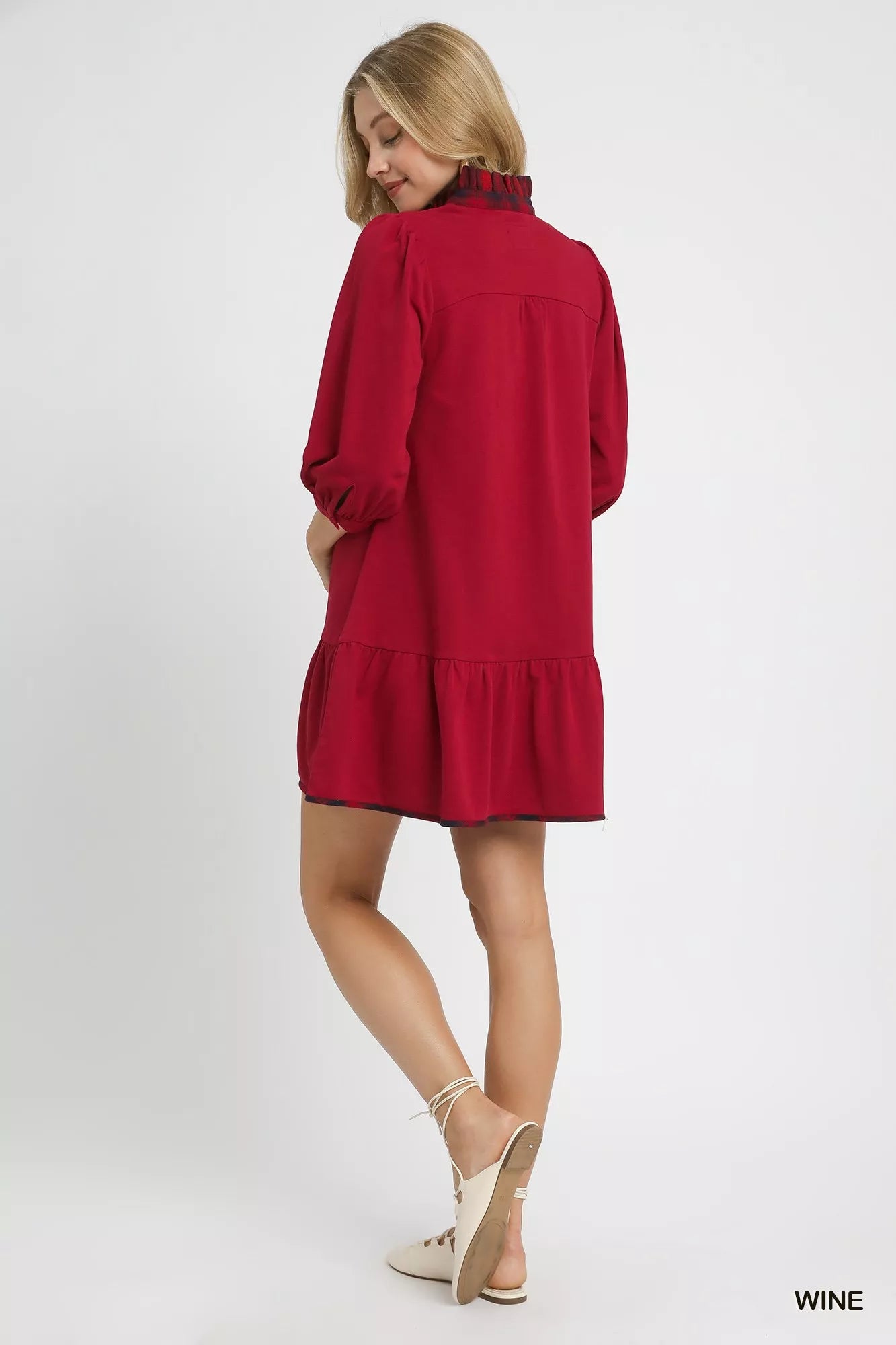 Umgee French Terry Ruffle Hem Dress with Plaid Trim OutfitFlow