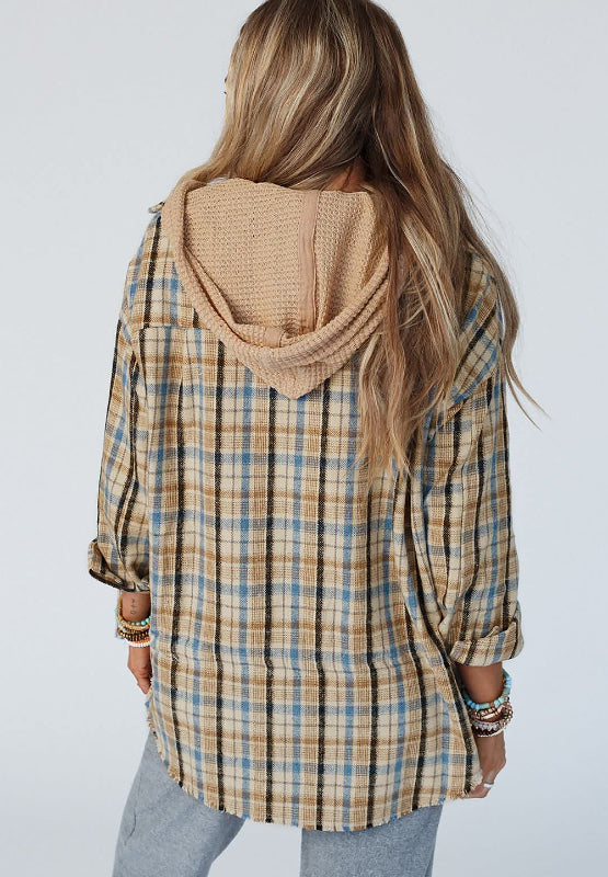 Outfit Flow - Drawstring Waffle Knit Patchwork Hooded Plaid Jackets