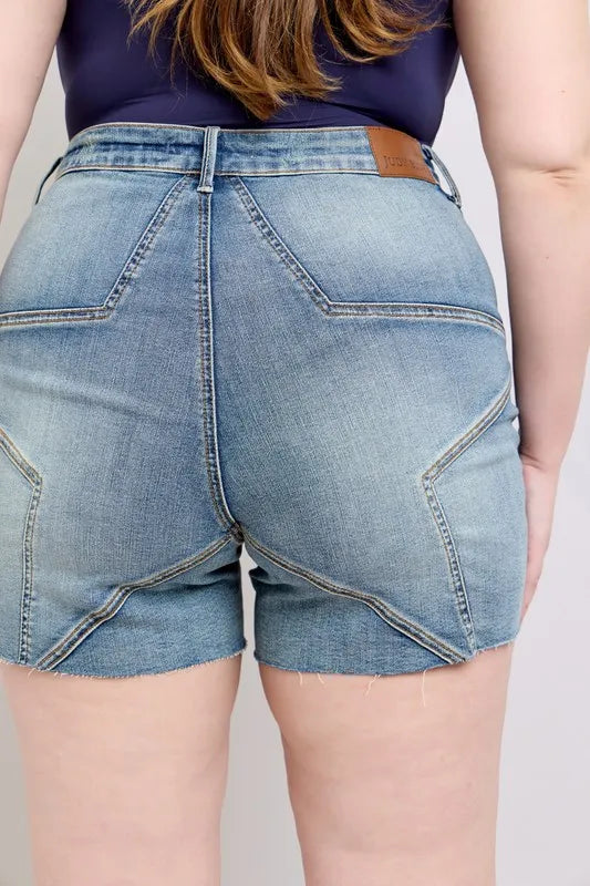 Judy Blue Full Size High Waist Star Seam Detail Denim Shorts Plus Size OutfitFlow