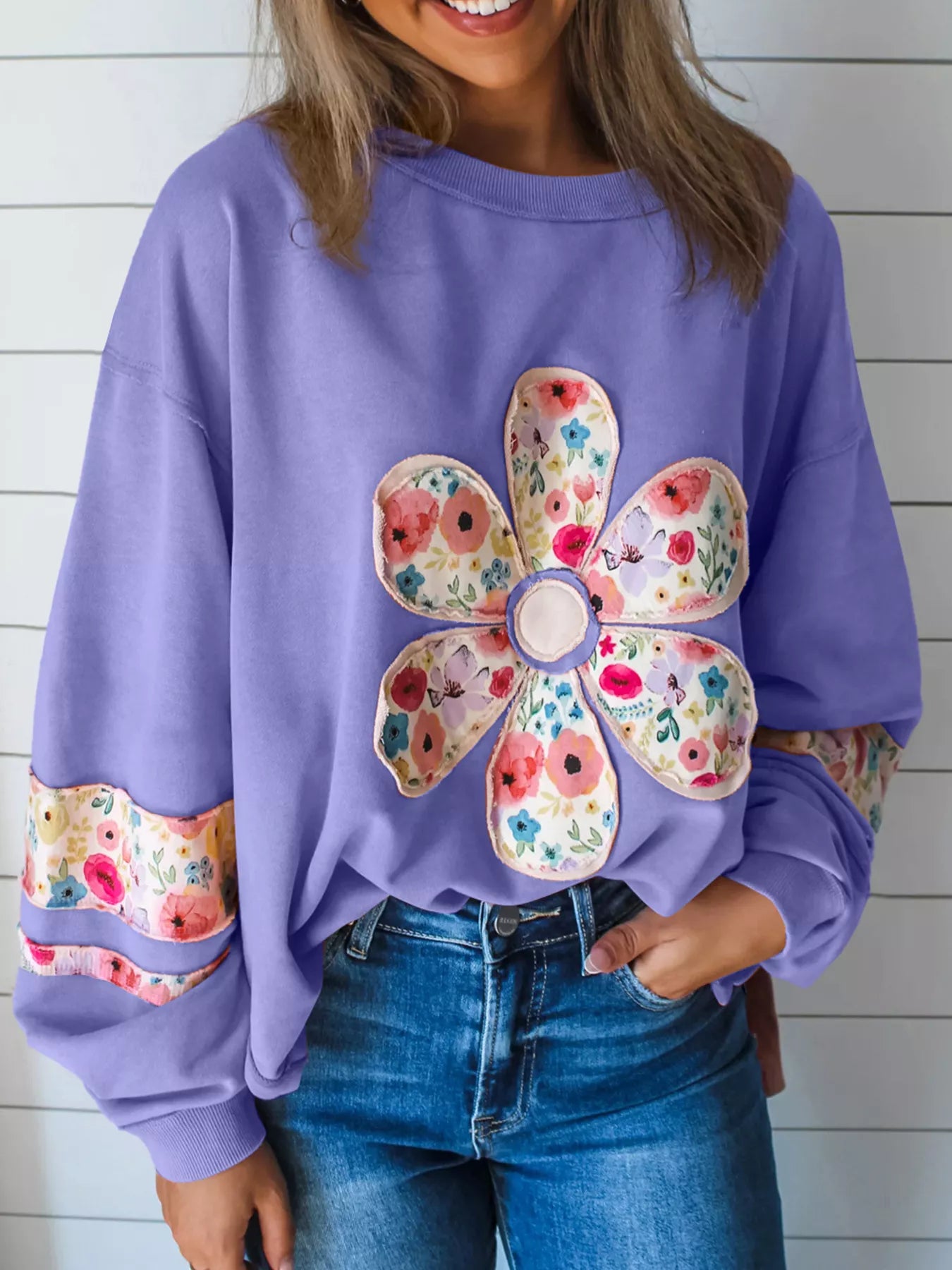 Plus Size Floral Applique Drop Shoulder Sweatshirt Lavender OutfitFlow