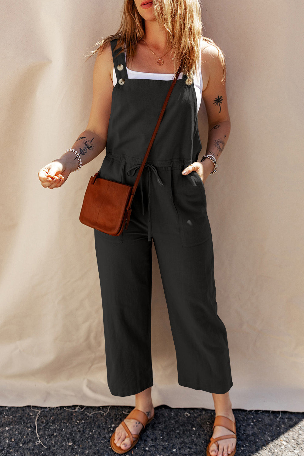 Drawstring Wide Strap Overalls with Pockets Black OutfitFlow
